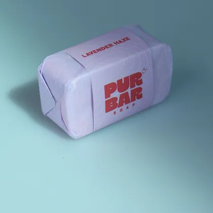 Lavender Haze soap bar in its lilac wrapper